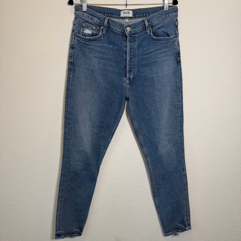 AGOLDE High Rise Skinny Jeans Medium Wash Distressed Blue Denim Size 31‎